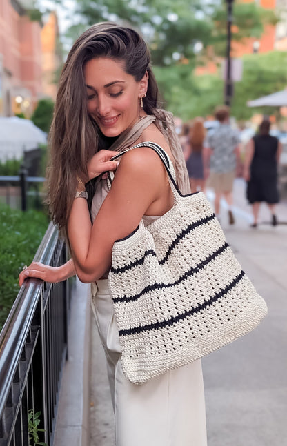 White Summer Tote with Black Stripes