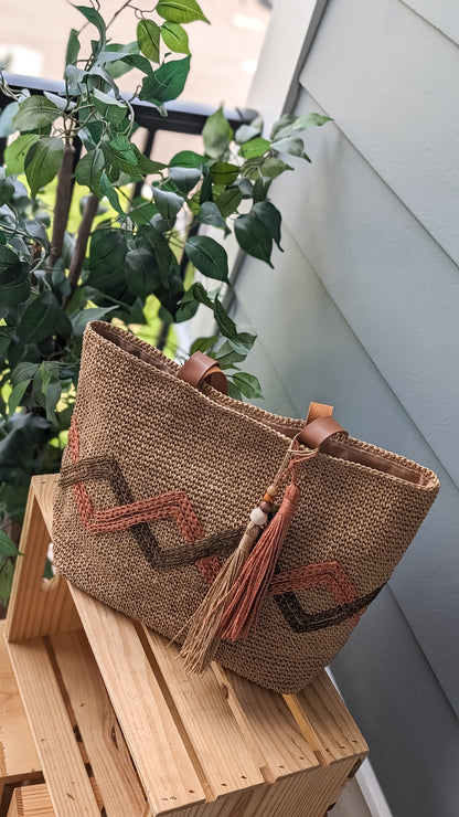 Seaside Serenity Tote | Crochet Handmade Beach Bag | Boho Crochet Bag with sewn zig zag detail