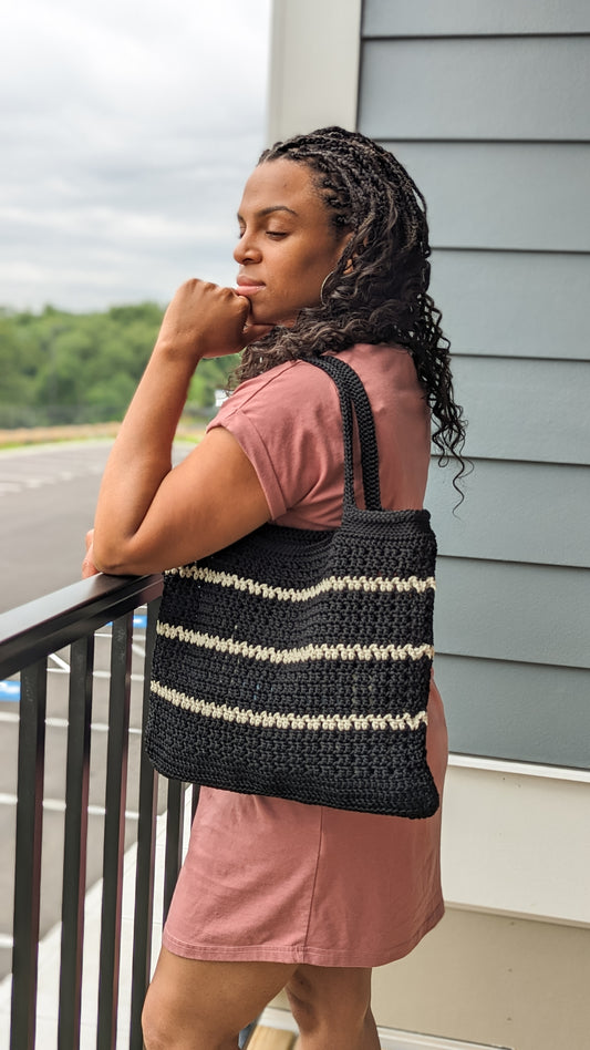 Black Summer Tote with White Stripes