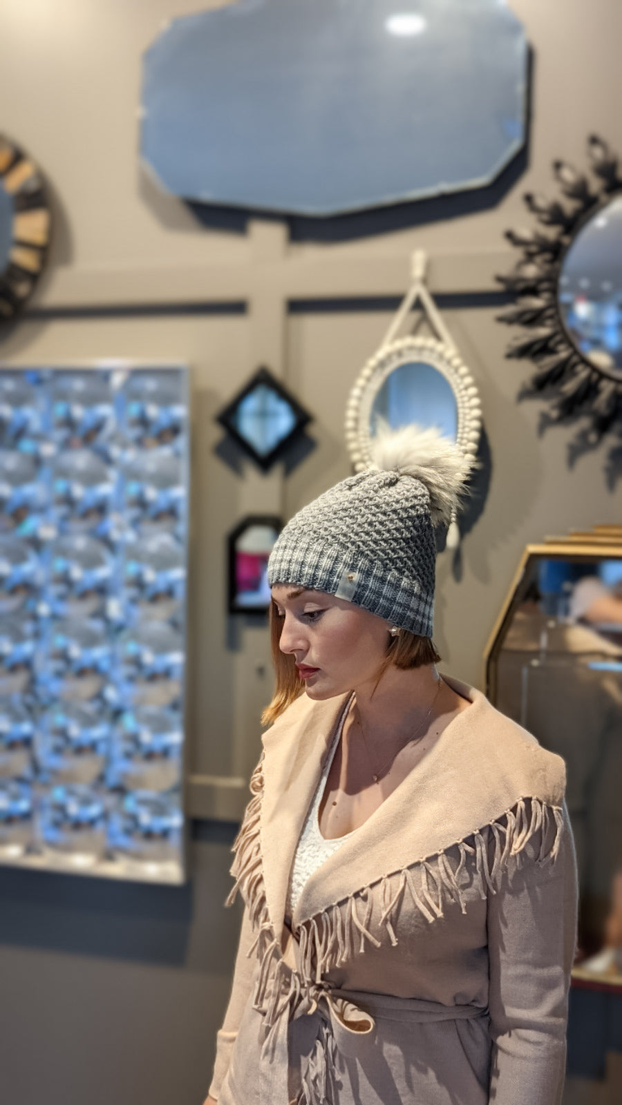 Stone | Merino Wool Knit Hat | Removable Pom Pom