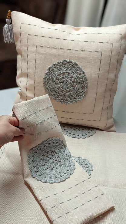 Hand Crochet on Linen| Set of 2 pillow cases and 1 table runner