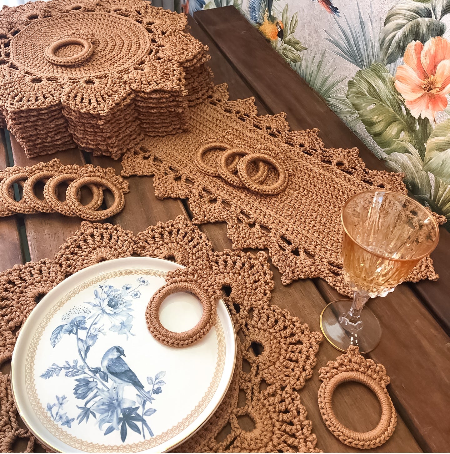 Set of Hand Crochet Placemats, Table Runner, Cup Coasters and Napkin Holders *Set of 6